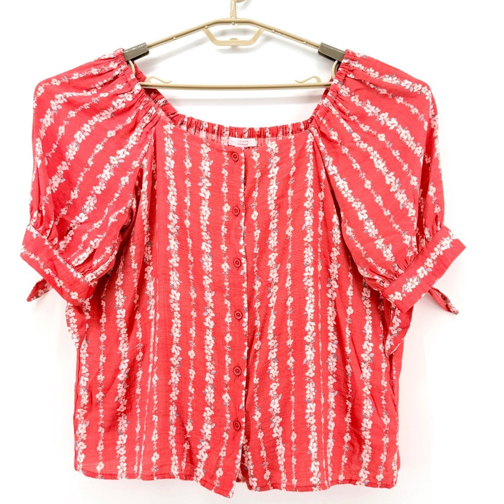 LC Lauren Conrad Blouse Womens L Orange Excellent Floral Stripe Button Front Top